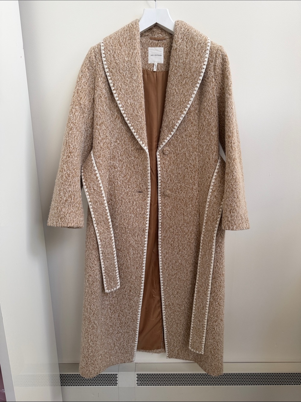 Avec Les Filles Camel Bouclé Trench Coat with Contrast Trim